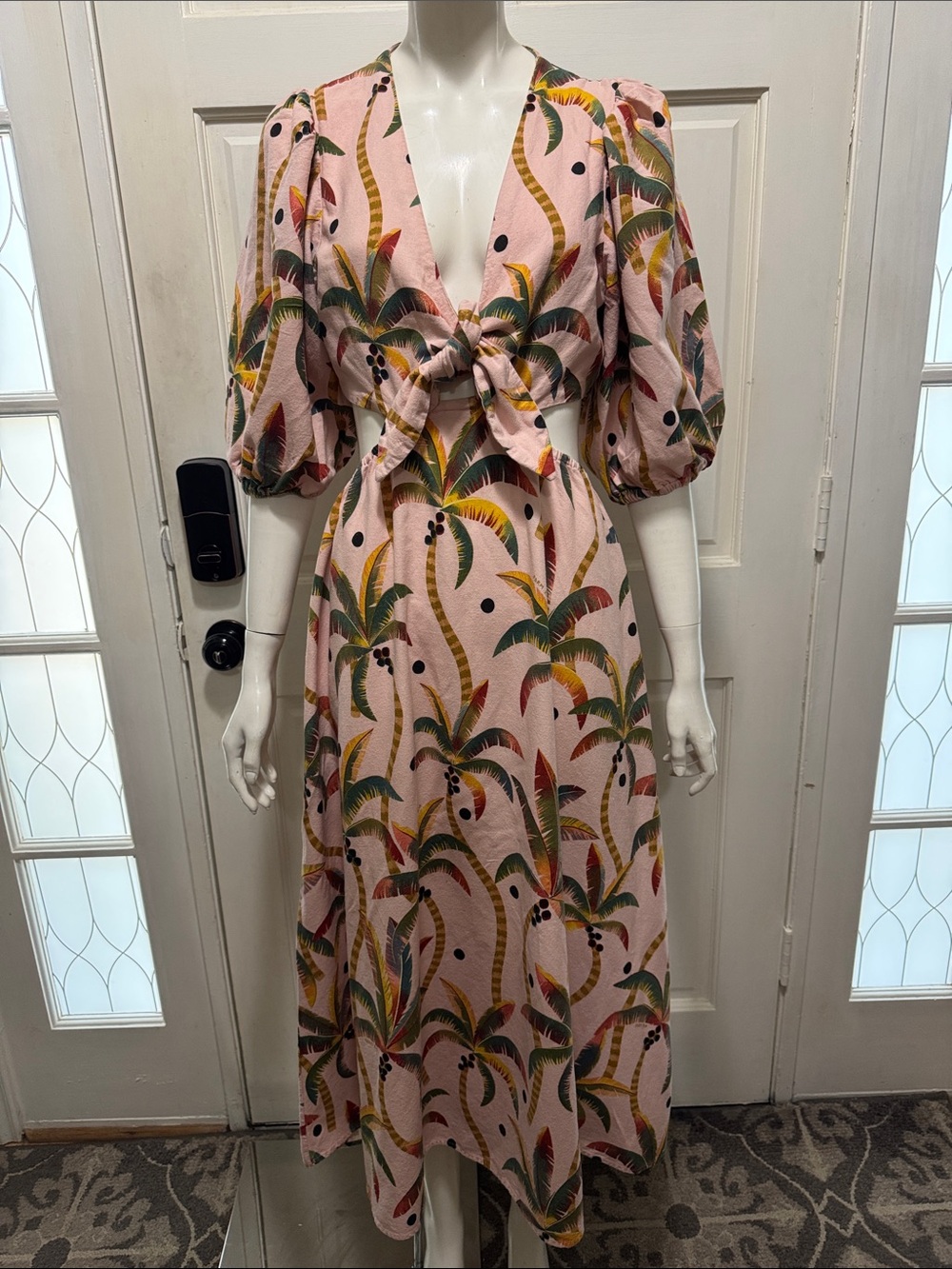 Farm Rio Cotton Pink Tropical Tie-Front Midi Dress Size Medium - Picture 3 of 16
